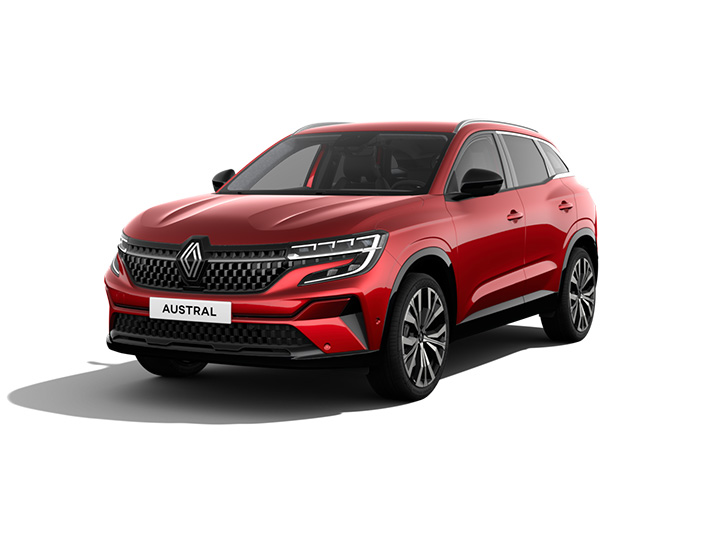 Rot Renault Austral SUV, sportliches Design, markante Frontpartie, moderne Linienführung, auf weißem Hintergrund.