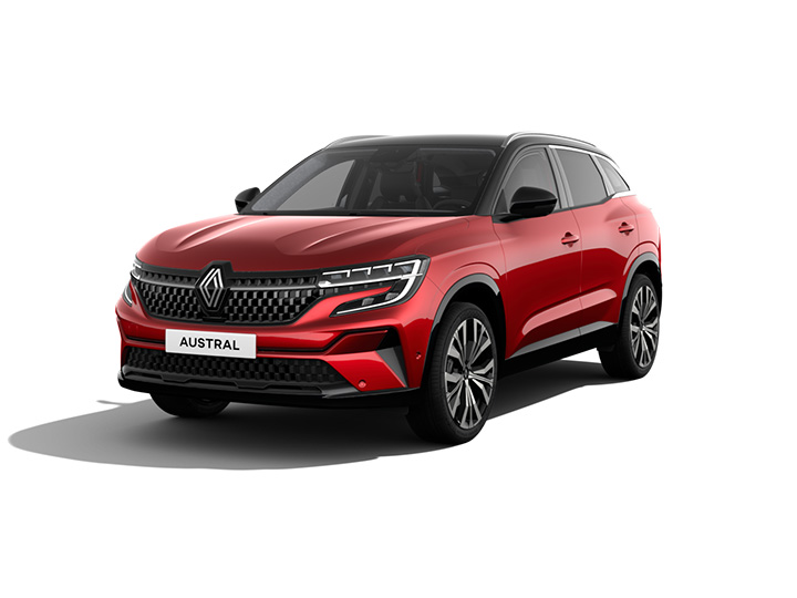 Ein roter Renault Austral SUV mit modernem Design und auffälligen Scheinwerfern, frontal abgebildet.