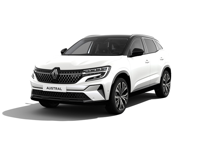 Weißer Renault Austral SUV mit modernem Design und markantem Kühlergrill, frontalansicht.
