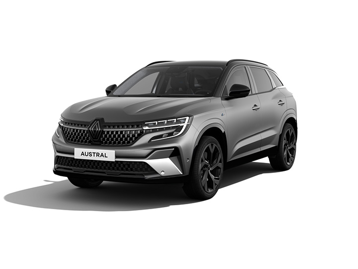 Renault Austral SUV in grau, frontalansicht, moderne Designmerkmale und sportliche Felgen.