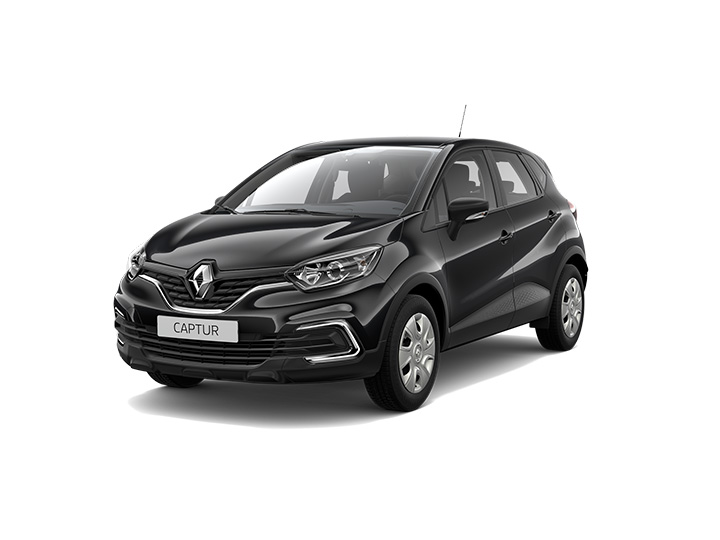 Schwarzer Renault Captur in Vorderansicht, kompakte SUV-Form mit moderner Karosserie und elegantem Design.