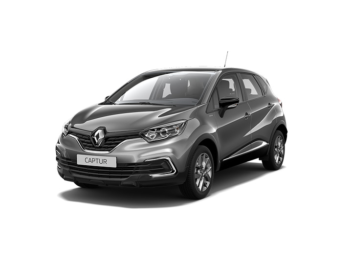 Renault Captur in Grau im Vordergrund, modernes SUV-Design mit markantem Logo und stilvollen Linien.