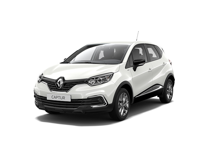 Weißer Renault Captur im Vordergrund, moderner Crossover mit markantem Design.