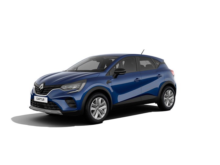 Blauer Renault Captur SUV, Vorderansicht, auf weißem Hintergrund, modern und kompakt.