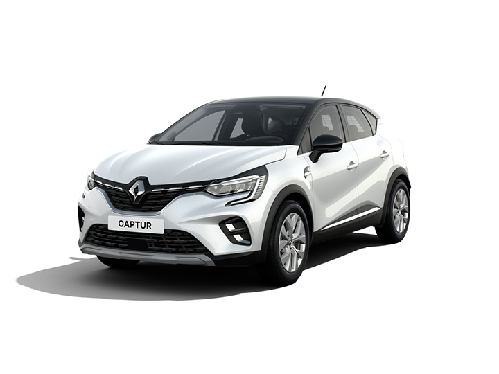 Stilvolles weißes Renault Captur SUV auf einem weißen Hintergrund, perspektivisch von vorne rechts fotografiert.