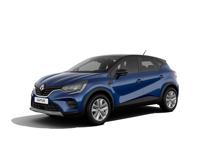 Blauer Renault Captur, modernes SUV-Design, seitliche Ansicht, auf weißem Hintergrund.