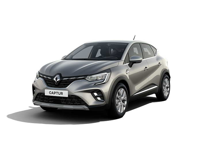 Renault Captur, ein moderner SUV mit silberner Karosserie und sportlichem Design, frontal abgebildet.
