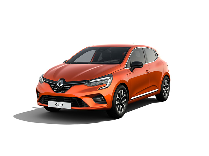 Renault Clio in leuchtendem Orange, moderne Straßenansicht, kompaktes Design, elegante Linien.