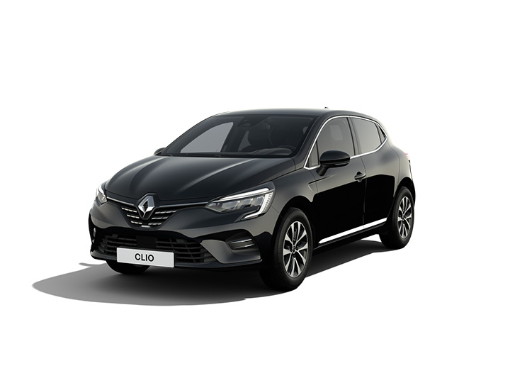 Schwarzer Renault Clio, sportliches Design, moderne Linien, vor weißem Hintergrund, ideal für Stadtfahrten.