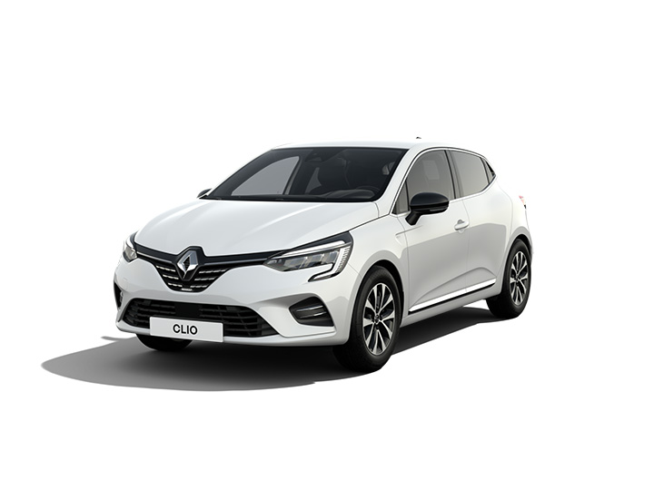 Weißer Renault Clio in 3/4-Frontansicht auf weißem Hintergrund, moderne Linien und stilvolles Design.