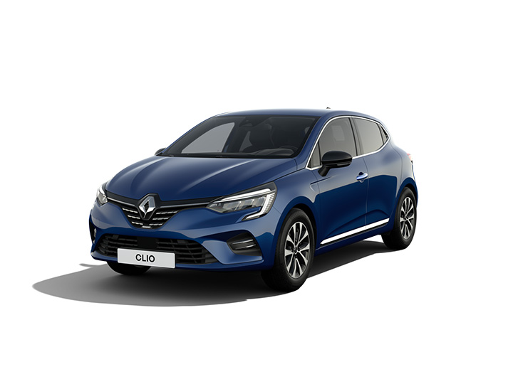 Renault Clio in dunkelblauer Farbe, modern gestaltet, frontal sichtbar auf weißem Hintergrund.