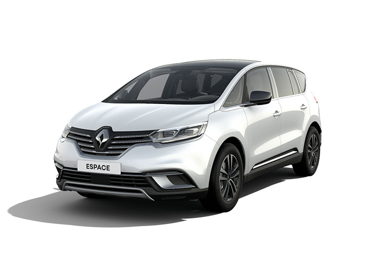 Ein silberner Renault Espace mit modernem Design und großzügigem Innenraum, frontal aufgenommen.