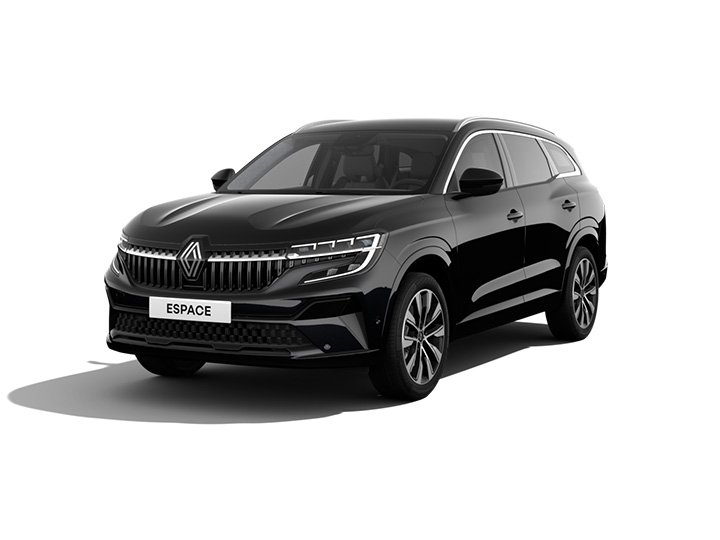 Ein schwarzer Renault Espace SUV, der frontal abgebildet ist, mit einer eleganten und modernen Linienführung.