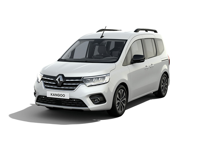 Weißer Renault Kangoo, moderner Van mit stylishlem Design, steht frontal auf neutralem Hintergrund.