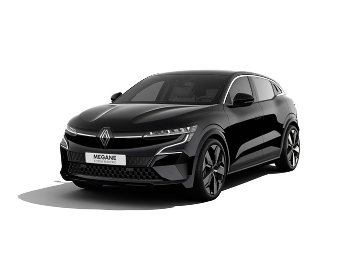 Schwarzer Renault Megane E-Tech Electric, sportlich gestaltet, auf weißem Hintergrund.