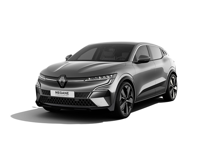 Schwarzer Renault Megane E-Tech Electric, modernes Design, SUV-Stil, frontal aufgenommen.