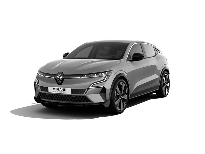 Renault Megane E-Tech Electric, modernes Design, silberne Farbe, elegante Linien und sportliche Reifen.