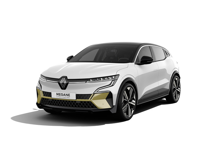 Renault Megane E-Tech Electric in Weiß mit goldenen Akzenten und modernem Design, Vorderansicht.
