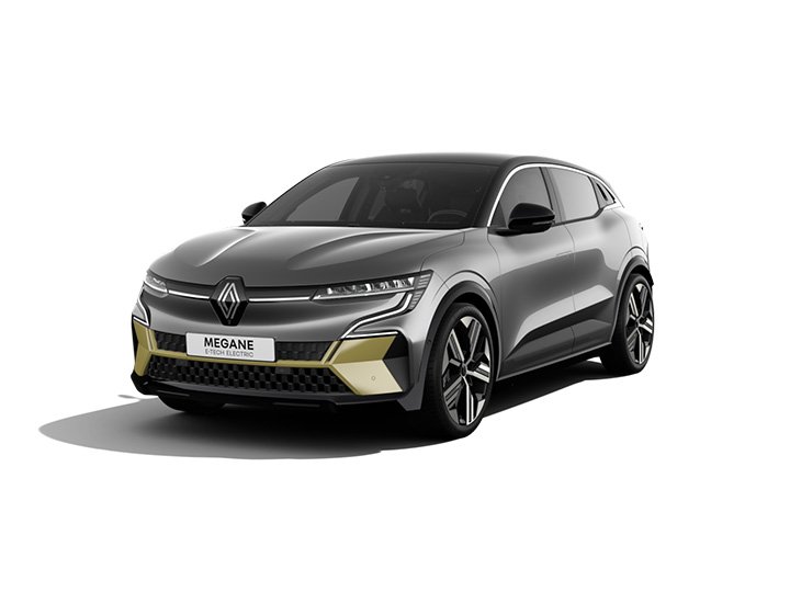 Renault Megane E-Tech Electric in Silber mit goldenem Akzent und sportlichem Design. Moderne SUV-Optik.