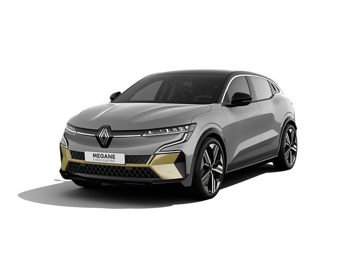 Renault Megane E-Tech Elektro, moderner Elektro-SUV in grau mit goldenen Akzenten, frontal betrachtet.