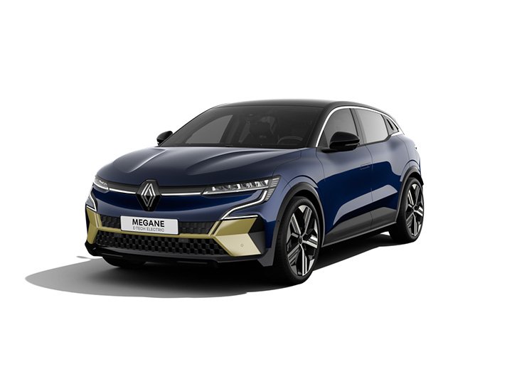 Renault Megane E-Tech Electric in Blau mit goldenen Akzenten, moderner SUV-Stil, leicht von vorne betrachtet.
