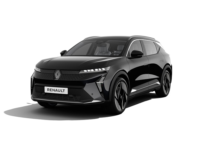 Schwarzes Renault SUV mit modernem Design, frontalansicht, auf weißem Hintergrund.