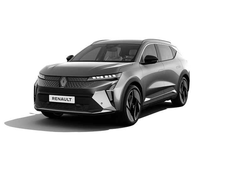 Ein moderner SUV von Renault in Grau, frontal abgebildet, mit stylishen Designelementen und schwarzen Felgen.