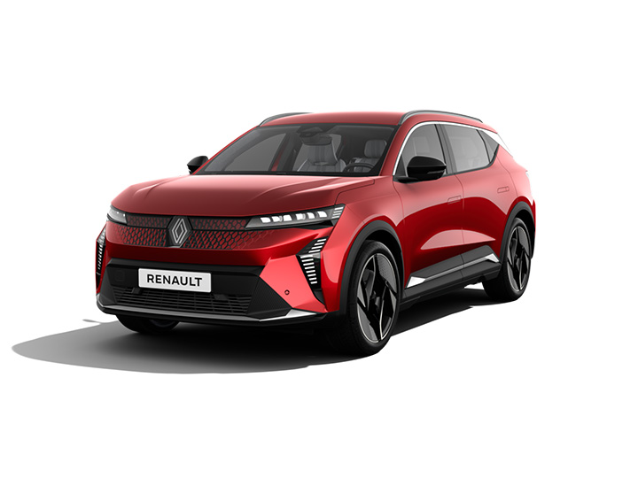 Roter Renault SUV, modernes Design, hervorgehobene Frontscheinwerfer und sportliche Felgen.