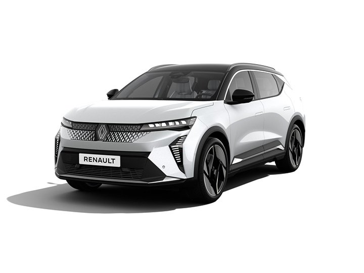 Ein weißer Renault SUV mit sportlichem Design und schwarzen Felgen, frontal betrachtet, auf weißem Hintergrund.