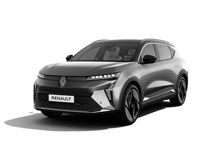 Renault Crossover-SUV in grau mit sportlichem Design und markanten LED-Scheinwerfern auf weißem Hintergrund.