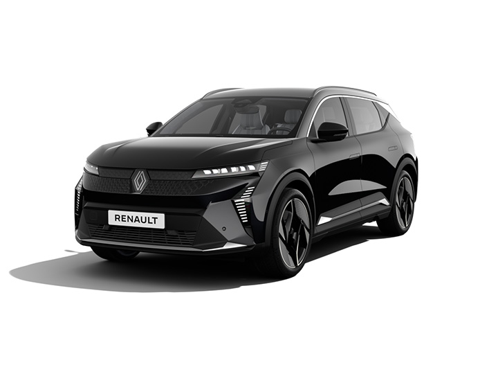 Schwarzes SUV von Renault, moderne Linien und sportliches Design, frontal zu sehen, auf weißem Hintergrund.