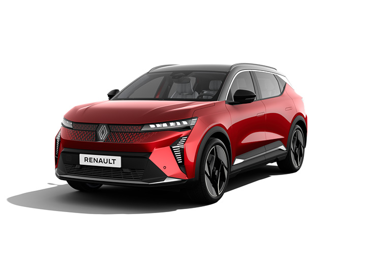 Roter Renault SUV mit sportlichem Design, vorn seitlich sichtbar, auf weißem Hintergrund.