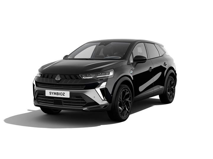 Schwarz glänzender Renault SYMBIOZ SUV, frontalansicht, auf weißem Hintergrund.