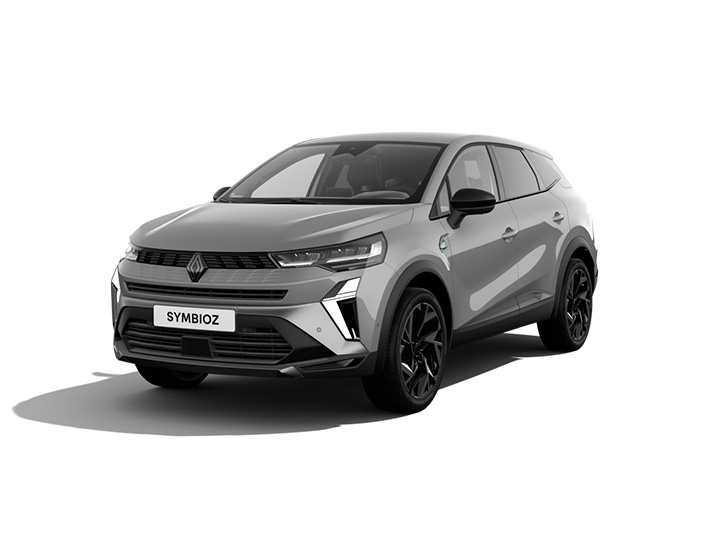 Renault SYMBIOZ SUV in grauer Farbe, modernes Design, LED-Scheinwerfer, sportliche schwarze Felgen.