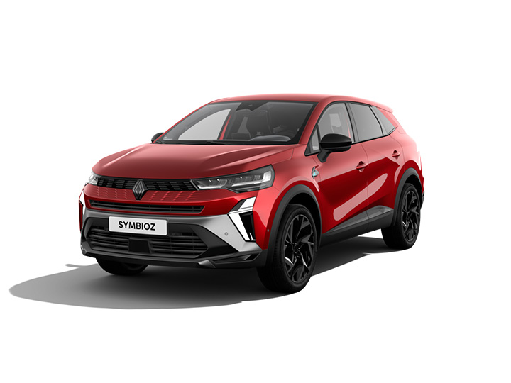 Ein roter Renault SYMBIOZ SUV mit sportlichem Design und schwarzem Felgen, frontalansicht.