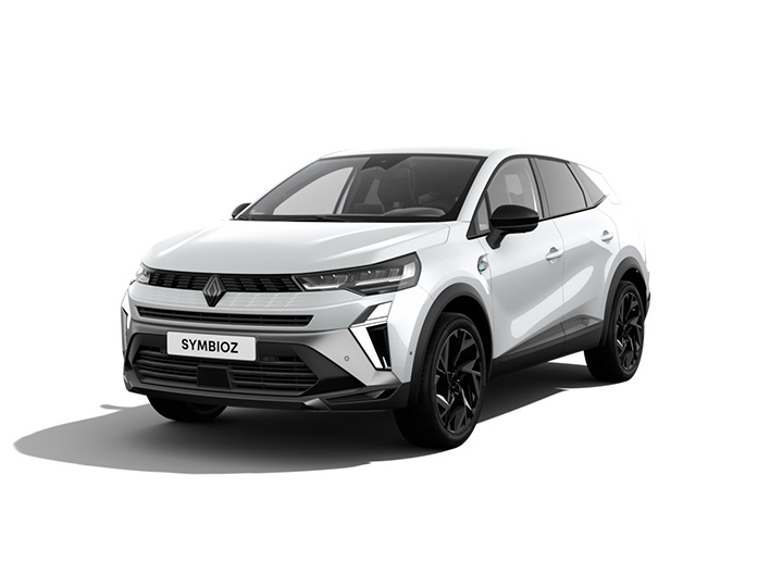 Weißer Renault SYMBIOZ SUV mit sportlichem Design und schwarzem Felgen, frontal aufgenommen.