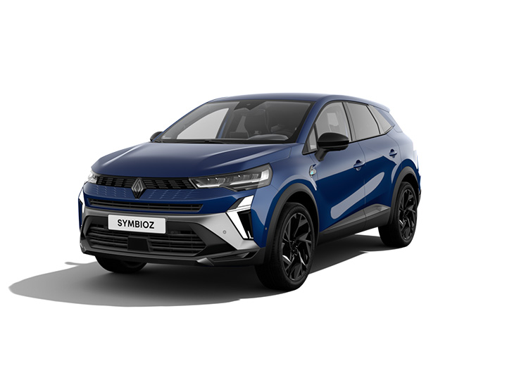Blauer Renault Symbioz SUV mit sportlichem Design und modernen Details auf weißem Hintergrund.
