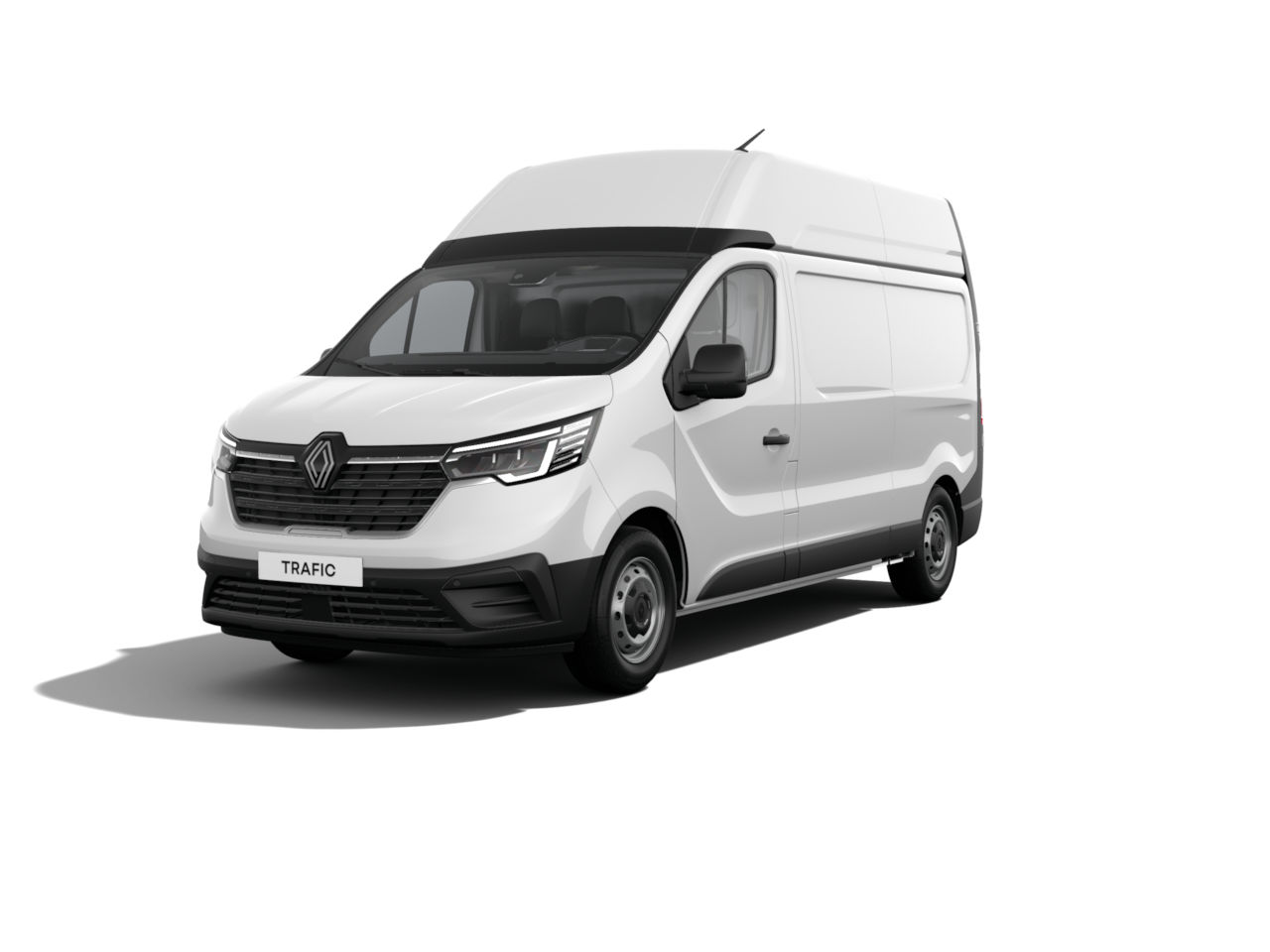 Weißer Renault Trafic Transporter, frontale Ansicht, auf sauberem Hintergrund.