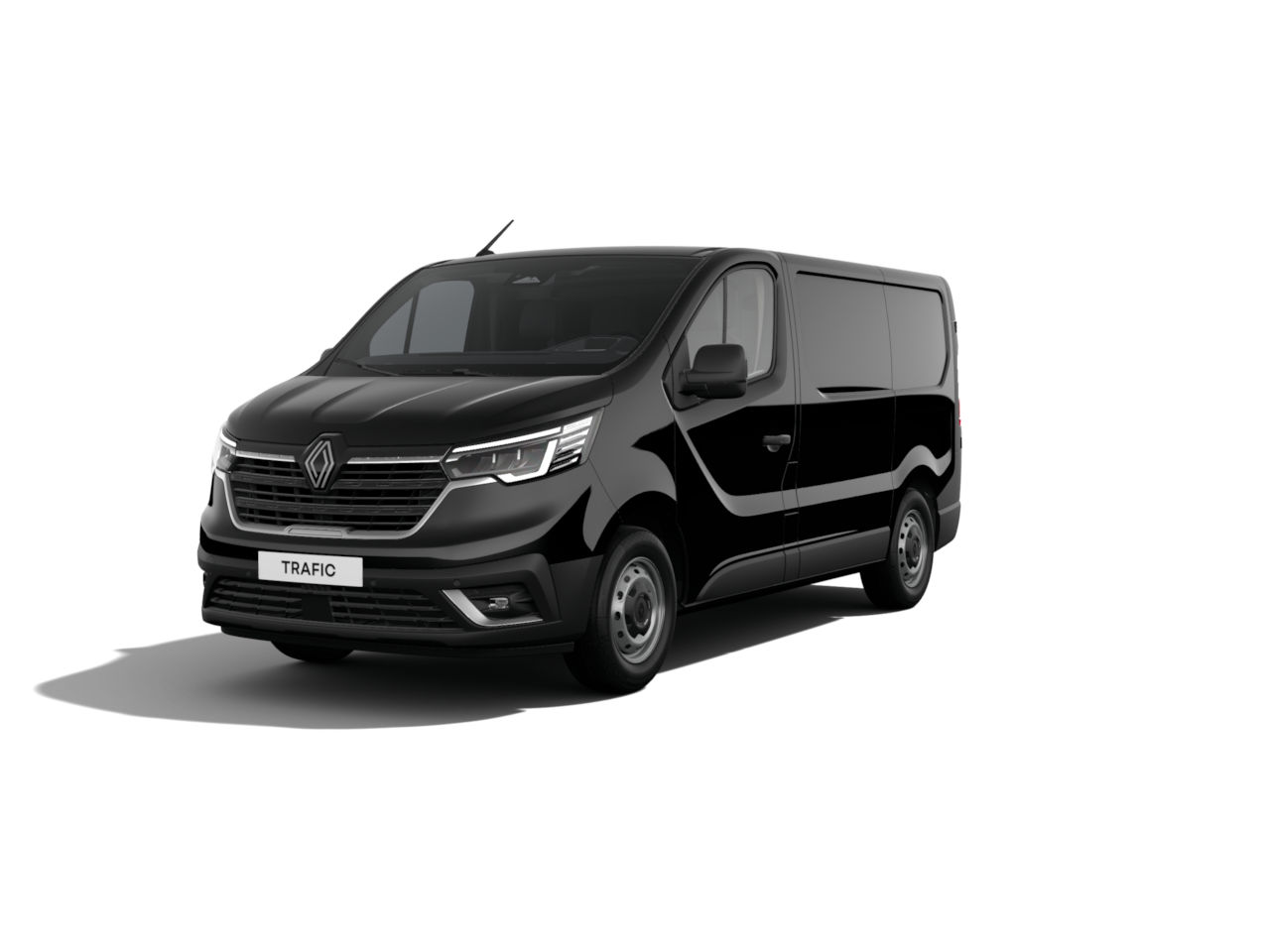 Schwarzer Lieferwagen Renault Trafic, schräg von vorne links gezeigt, auf weißem Hintergrund.