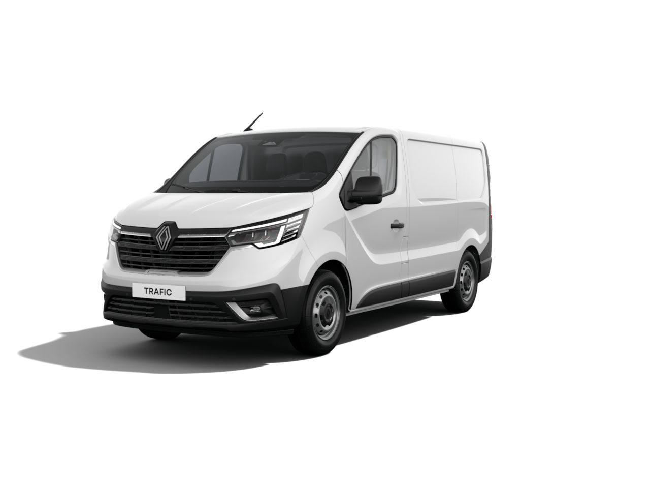 Weißer Renault Trafic Transporter in frontal Ansicht auf weißem Hintergrund.