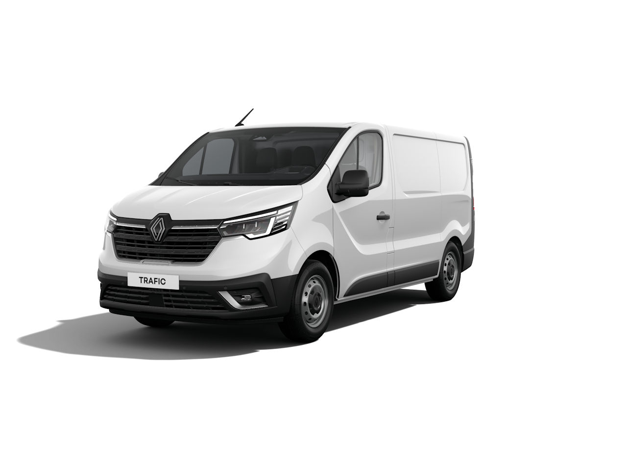 Weißer Renault Trafic Kleintransporter mit Fenster im Vordergrund, linksseitige Ansicht.