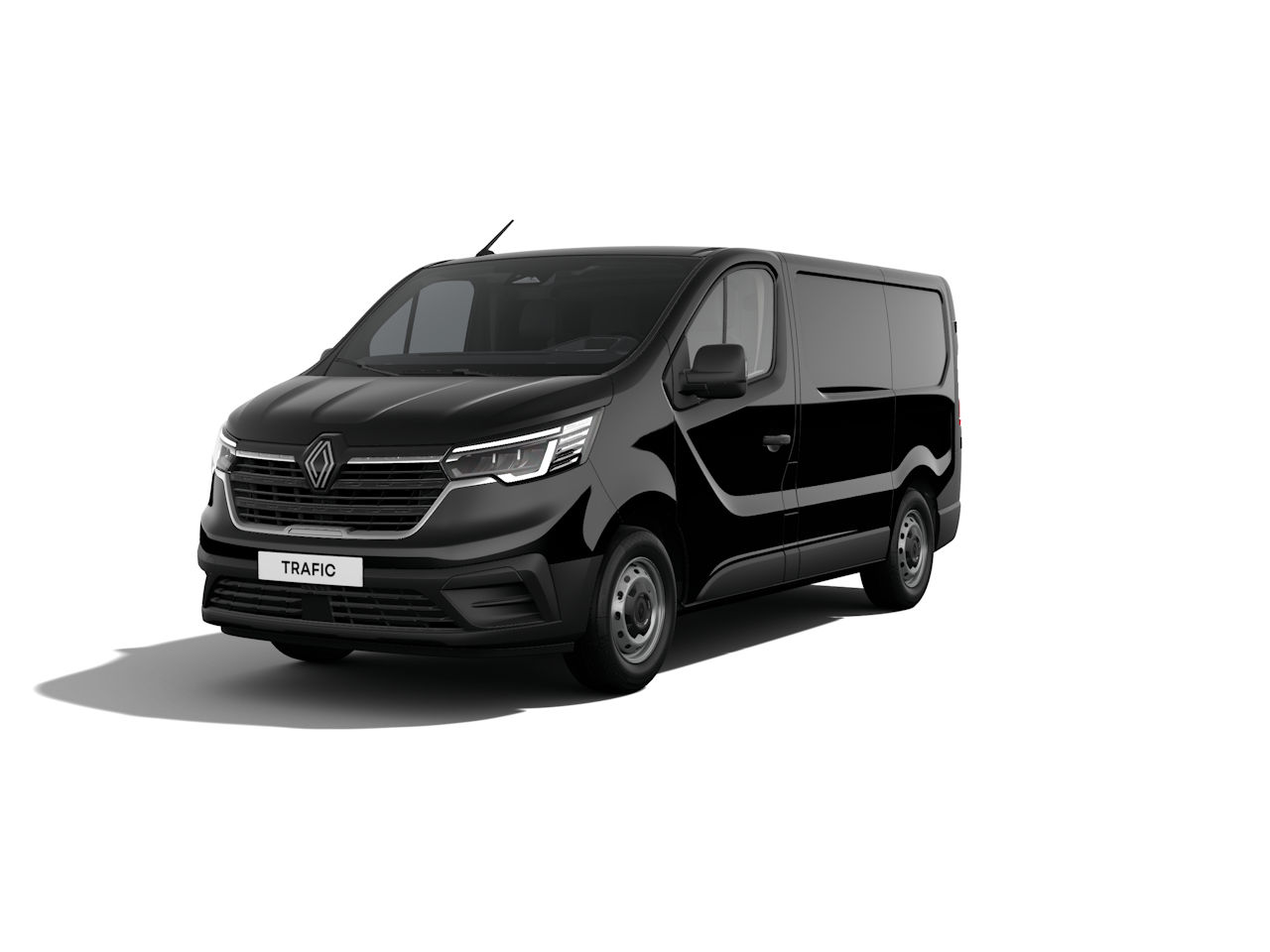 Schwarzer Renault Trafic Transporter, frontansicht, auf weißem Hintergrund. Ideal für Gewerbe und Transport.