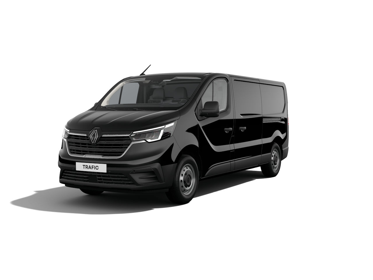 Schwarzer Renault Trafik Van, frontansicht, modern, geräumig, ideal für Transport und Fahrdienste.