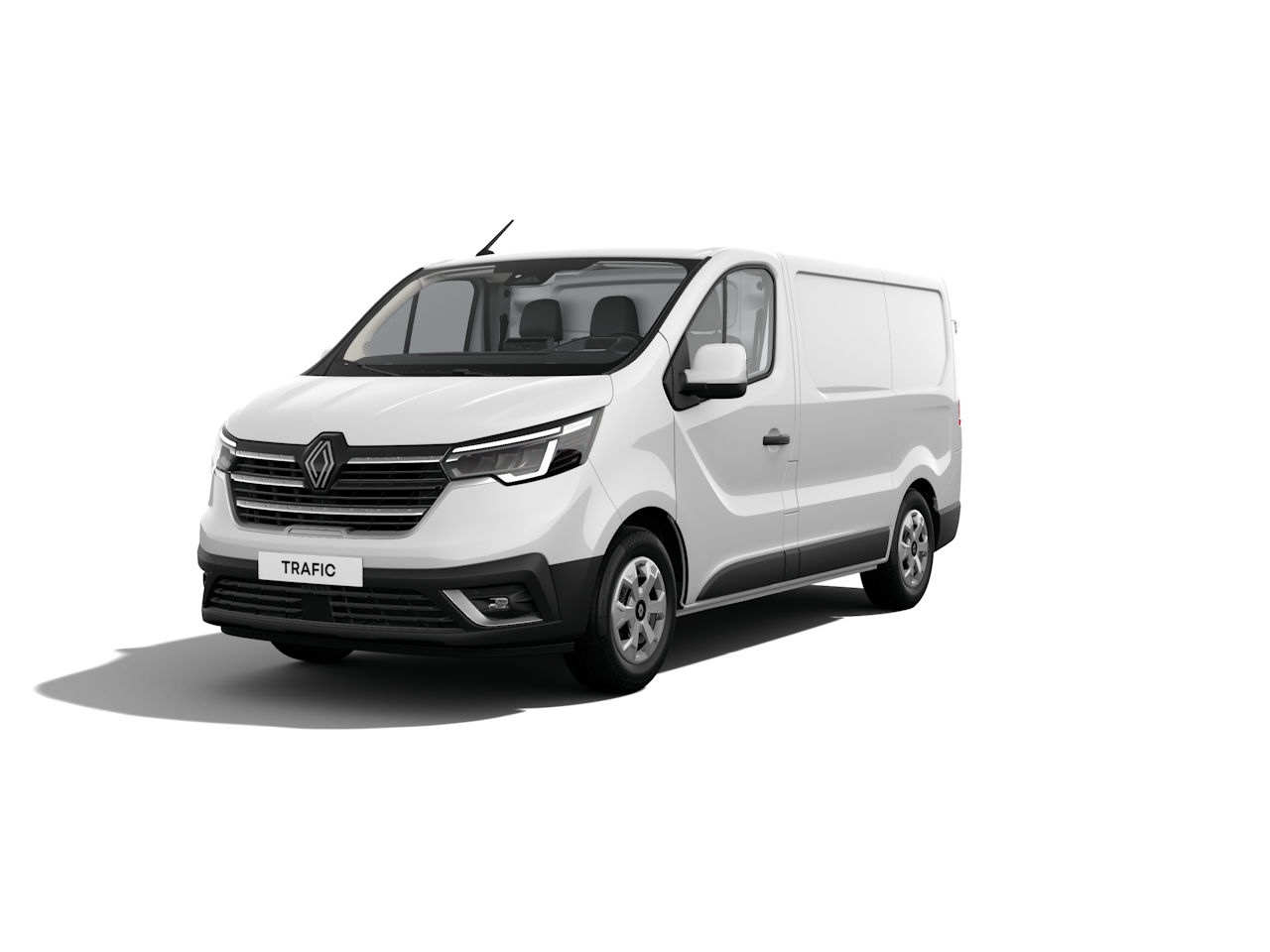 Weißer Renault Trafic Transporter mit modernem Design, frontal und leicht schräg abgebildet.
