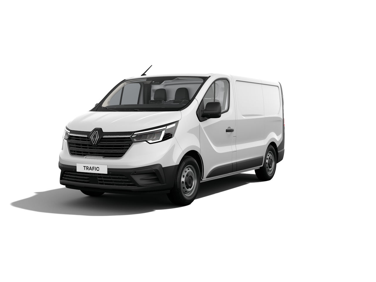 Ein weißer Renault Trafic Transporter mit zwei Sitzen und geräumigem Laderaum, seitlich und frontal sichtbar.