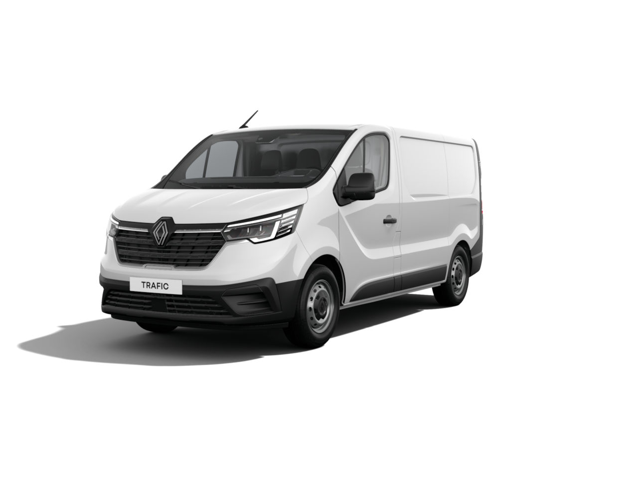 Weißer Renault Trafic Kastenwagen von der Seite, ideal für Transport und Gewerbe.