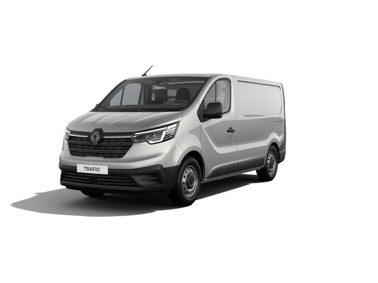 Silberner Renault Trafic Transporter, Vorderansicht, auf weißem Hintergrund.