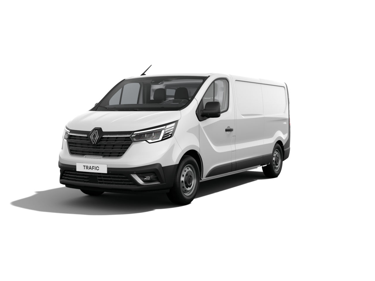 Weißer Renault Trafic Transporter mit moderner Karosserie, frontal abgebildet auf weißem Hintergrund.