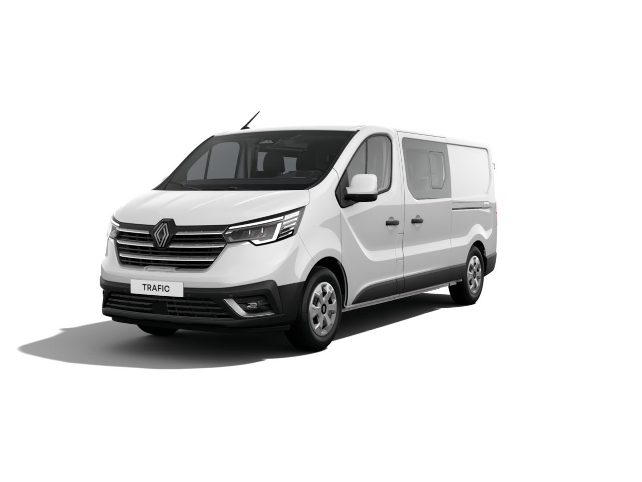 Weißer Renault Trafic Van mit modernem Design und Platz für Transportbedarf.
