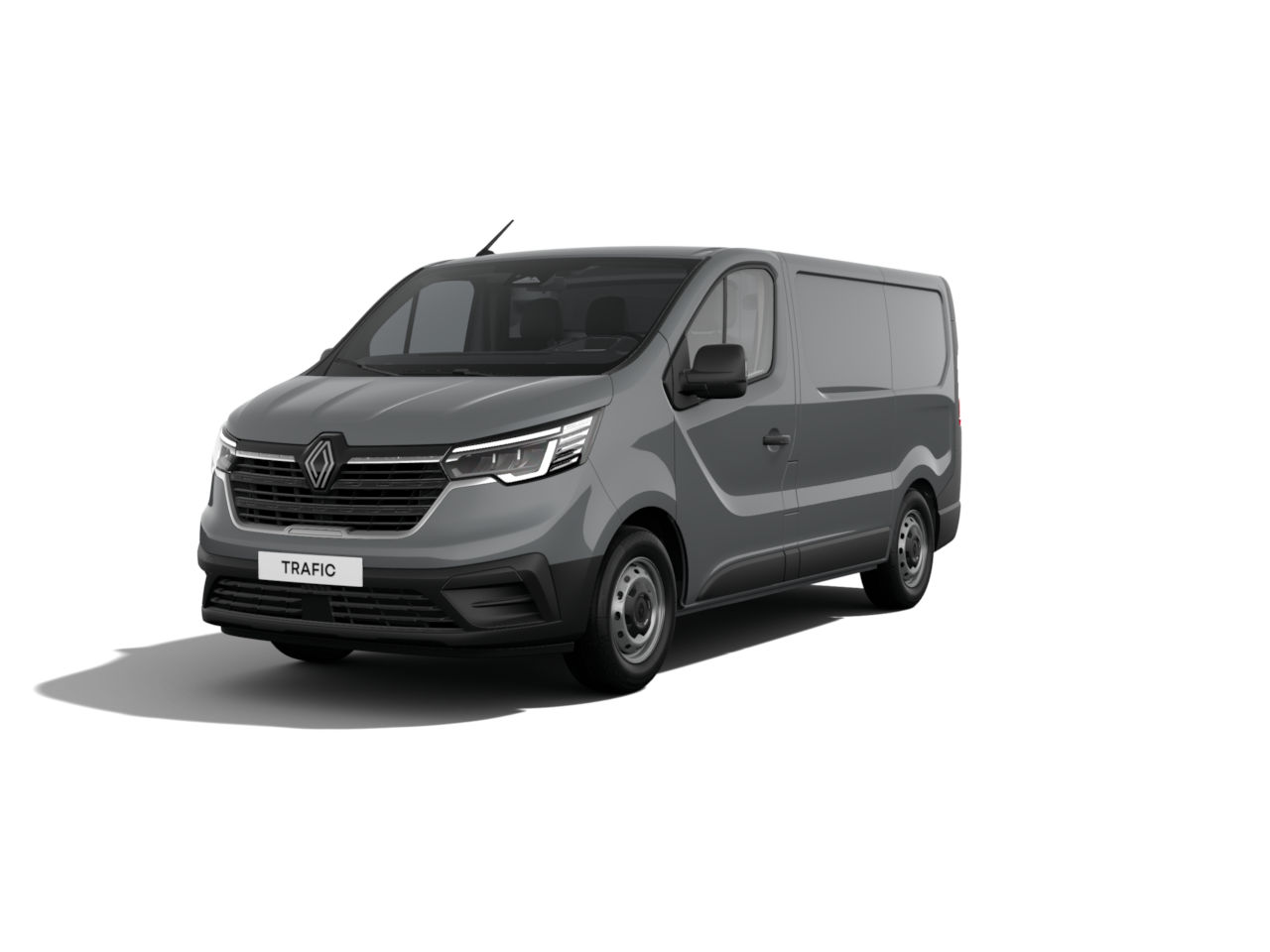 Renault Trafic Kastenwagen in Grau, Frontansicht, auf weißem Hintergrund.